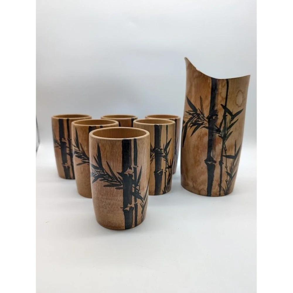 7 Set Vtg Natural Bamboo Cups Pitcher Hand Painted Made in Japan MCM Bar Tiki